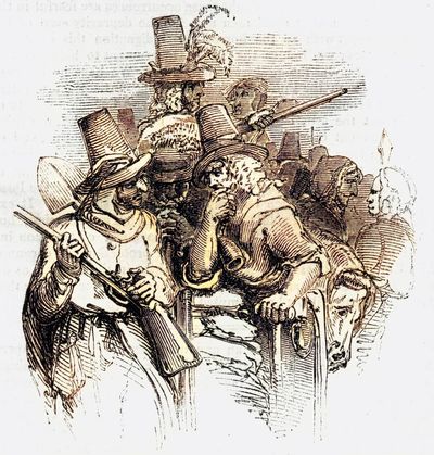 Rioters attacking toll gates in South Wales, many disguised as women as 'Rebecca and her daughters', 1843.